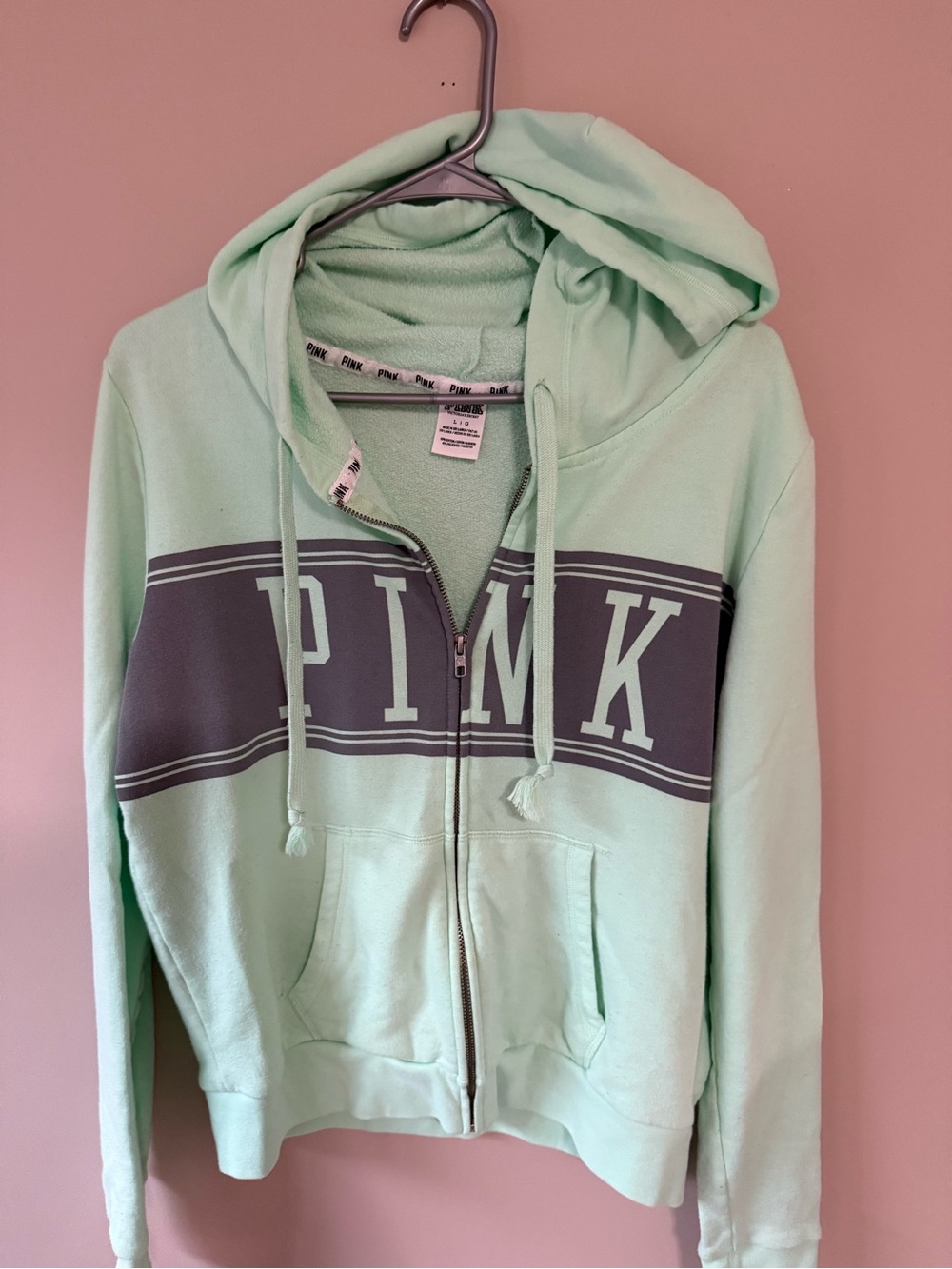 PINK Victoria's Secret Mint Green Full-Zip Hoodie with Gray Logo Band